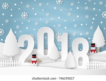 illustration of Happy new year 2018 winter season with snow flake. paper art design and craft style.