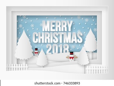 illustration of Happy new year 2018 winter season with snow man. paper art design and craft style.