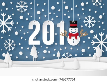 illustration of Happy new year 2018 winter season with snow man. paper art design and craft style.