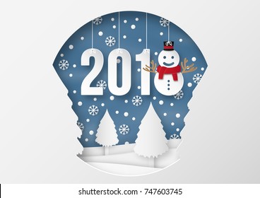 ilustración de Feliz Año Nuevo 2018 invierno con hombre de nieve. diseño de arte de papel y estilo artesanal.