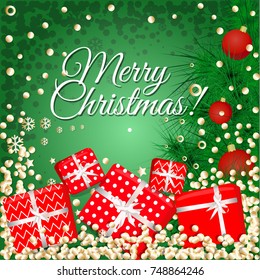 illustration of happy new year 2018 card with place for text merry Christmas, Christmas tree, Christmas balls, gifts, confetti  and stars  flayer brochure
