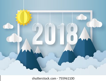 illustration of Happy new year 2018 with Origami made sun, cloud and mountain on blue sky background. paper art design and craft style.