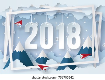 illustration of Happy new year 2018 on winter season with snow flake. paper art design and craft style.