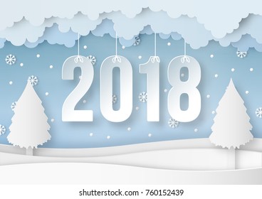 illustration of Happy new year 2018 on winter season with snow flake. paper art design and craft style.