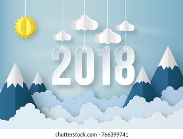 illustration of Happy new year 2018 with Origami made sun, cloud and mountain on blue sky background. paper art design and craft style.