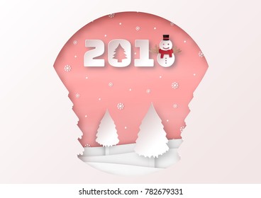 illustration of Happy new year 2018 winter season with snow man. paper art design and craft style.