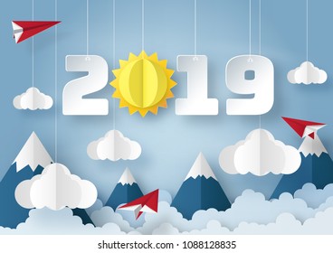 illustration of Happy new year 2019 with Origami made sun, cloud, mountain and red paper airplane flying in the blue sky. paper art design and craft style.
