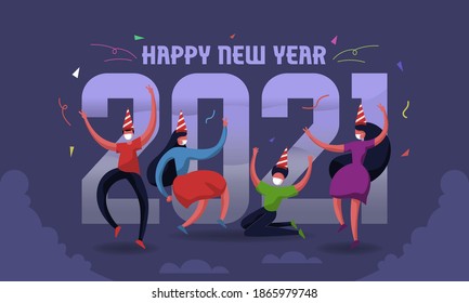 Illustration of happy new year 2021 people party with face mask