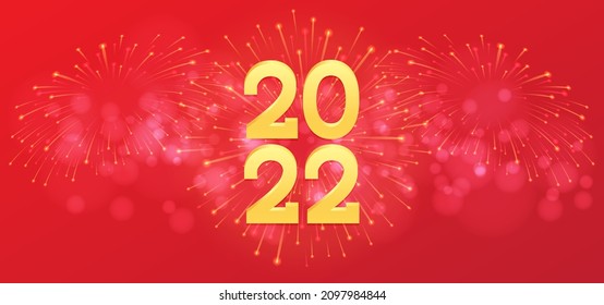 Illustration Happy New Year 2022 with gold number and firework on luxury red background