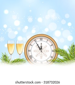 Illustration Happy New Year Background with Clock and Glasses of Champagne - Vector