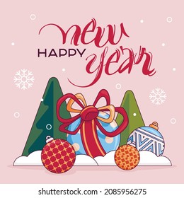 Illustration happy New Year, Christmas toys and a gift with a bow under the Christmas tree, beautiful Christmas balls with different patterns, a round gift with a large bow.