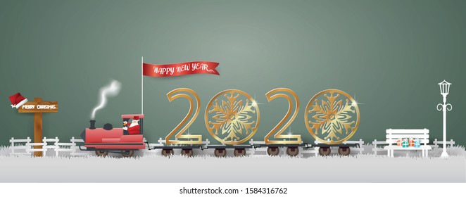 Illustration of Happy new year  concept with Santa Claus driving Vintage 
Transportation Train carry text 2020 on gray grass  in winter season.,paper craft and illustration.