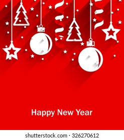 Illustration Happy New Year Greeting Card with Fir, Balls, Stars, Streamer, Trendy Flat Style with Long Shadows - Vector