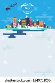 Illustration of a Happy New Year and Merry Christmas. For the website, calendar, ads, banners. Winter landscape. Nature, buildings, city. Santa Claus on a sleigh. 2019 Image. Vector