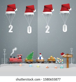 Illustration of Happy new year and Merry Christmas with Santa Claus driving Transportation Train carry Christmas tree and gift box and text 2020 flying on Parachule air shipping on the sky .