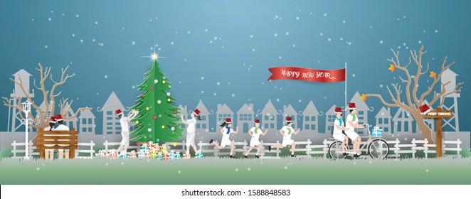 Illustration of Happy new year and Merry Christmas with Young Couple are happy and play with the Christmas tree in winter season.Paper art Vector and Illustration