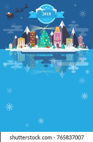 Illustration of a Happy New Year and Merry Christmas. For the website, calendar, ads, banners. Winter landscape. Nature, buildings, city. Santa Claus on a sleigh food. 2017 Image. Vector