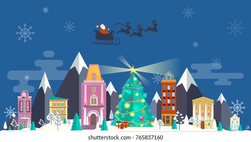 Illustration of a Happy New Year and Merry Christmas. For the website, calendar, ads, banners. Winter landscape. Nature, buildings, city. Santa Claus on a sleigh food. 2017 Image. Vector