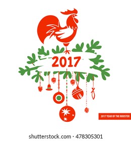 Illustration for happy new year with silhouette cock and christmas decoration. Design vector element of symbol year red rooster 2017.