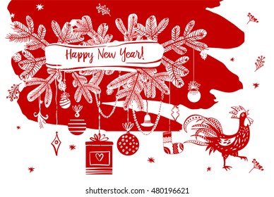 Illustration for happy new year with silhouette cock and christmas decoration. Design vector element of symbol year red rooster 2017. Red and white color gorizontal image with rooster. 