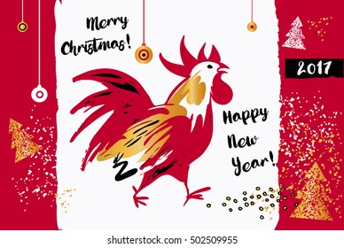 Illustration for happy new year with silhouette cock and christmas decoration. Christmas vector greeting card with rooster - symbol of year 2017 on color background. 