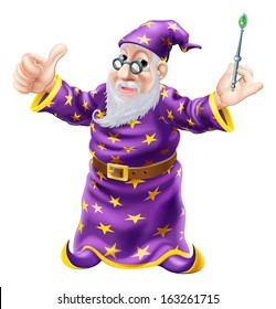 Illustration of a happy old wise wizard character holding a wand a doing a thumbs up gesture