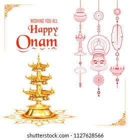 illustration of Happy Onam background with rangoli and lamp