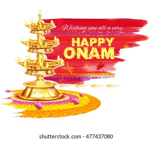 illustration of Happy Onam background with rangoli and lamp