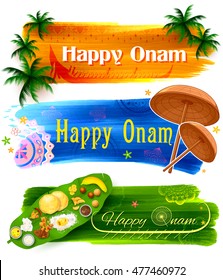 illustration of Happy Onam banner with traditional palm leaf umbrella and Sadya