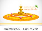 illustration of Happy Onam decoration with diya and rangoli