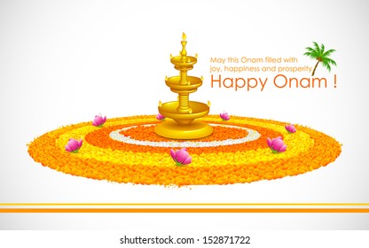 illustration of Happy Onam decoration with diya and rangoli