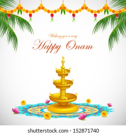 illustration of Happy Onam decoration with diya and rangoli