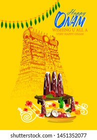 illustration of Happy Onam festival of South India Kerala colorful Kathakali dancer snakeboat race on background 