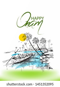 illustration of Happy Onam festival of South India Kerala colorful Kathakali dancer snakeboat race on background 