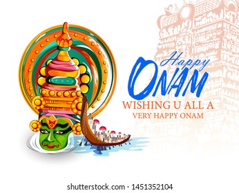 illustration of Happy Onam festival of South India Kerala colorful Kathakali dancer snakeboat race on background 