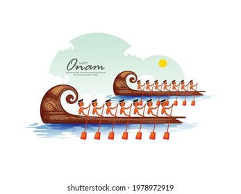 illustration of  Happy Onam festival of South India Kerala, snakeboat race in Onam celebration  Kathakali face on background