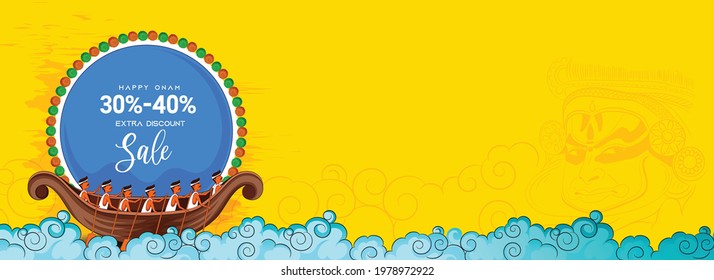 illustration of  Happy Onam festival of South India Kerala, snakeboat race in Onam celebration  Kathakali face on background