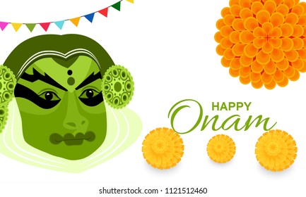 illustration Of Happy Onam With Kathakali face Background.