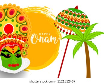 illustration Of Happy Onam With Kathakali face Background.