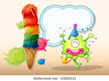Illustration of a happy one-eyed monster celebrating with a hat