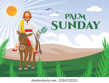 Illustration of happy palm sunday with the image of jesus carrying palm leaves and riding a horse