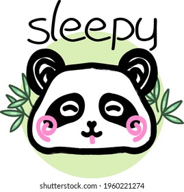 Illustration of happy panda showing tongue with bamboo leaves in green circle. Sleepy.