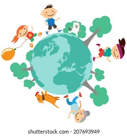 Illustration of happy people running around the globe