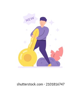 Illustration Of A Happy Person Because He Got A New Key. Concept Or Metaphor Create New Password, Forgot Password Solution. Login Or Sign In. Flat Cartoon Style. Vector Design. Landing Page, Ui