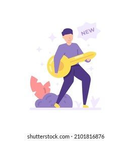 Illustration Of A Happy Person Because He Got A New Key. Concept Or Metaphor Create New Password, Forgot Password Solution. Login Or Sign In. Flat Cartoon Style. Vector Design. Landing Page, Ui