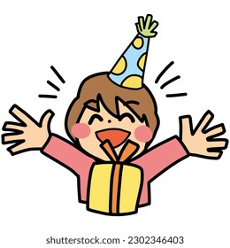 Illustration of a happy person with hands outstretched in front of a box of presents