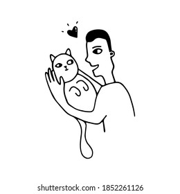 illustration of a happy person hugging a cat with a small heart between them