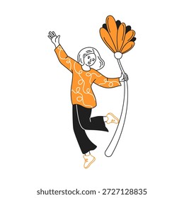 Ilustración de una persona feliz en un suéter de patrón naranja, sosteniendo alegremente una Grande flor estilizada mientras salta. La obra de arte es simple pero vibrante.