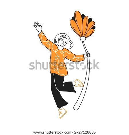 Illustration of a happy person in an orange patterned sweater, joyfully holding a large stylized flower while jumping. The artwork is simple yet vibrant.