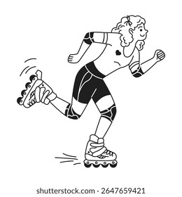 Illustration of a happy person roller skating. Wearing protective gear, they glide swiftly on inline skates. Black and white style represents dynamic movement.